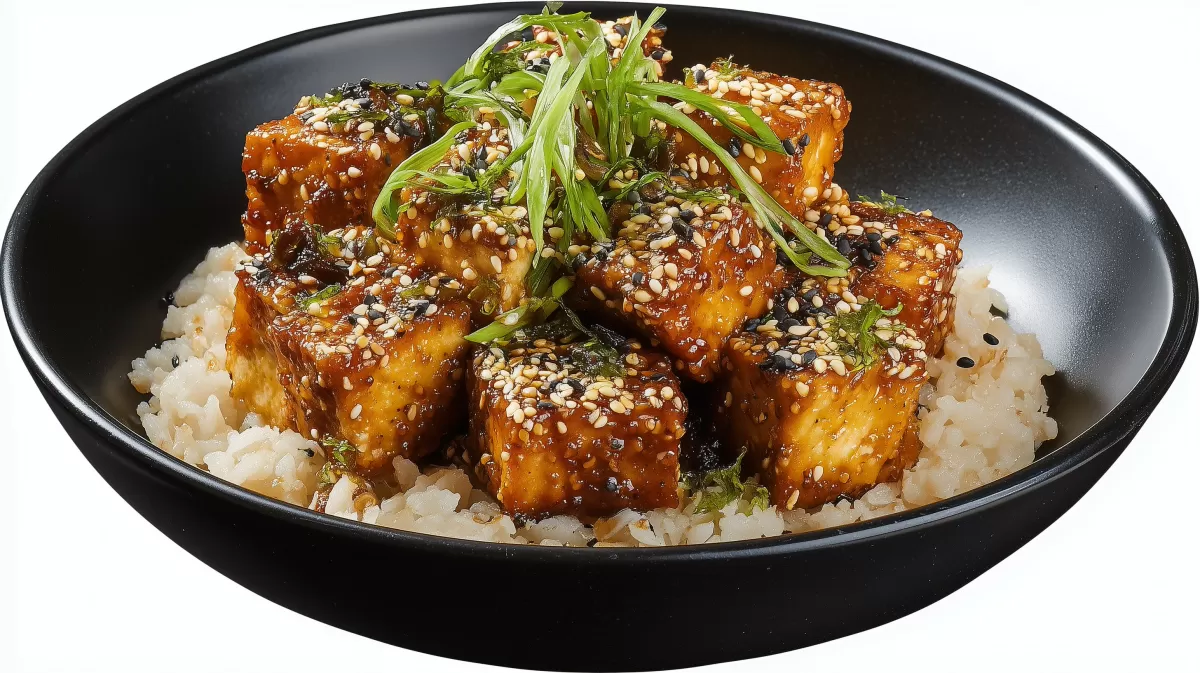Knuspriger Sesam Tofu mit Reis in schwarzer Schüssel