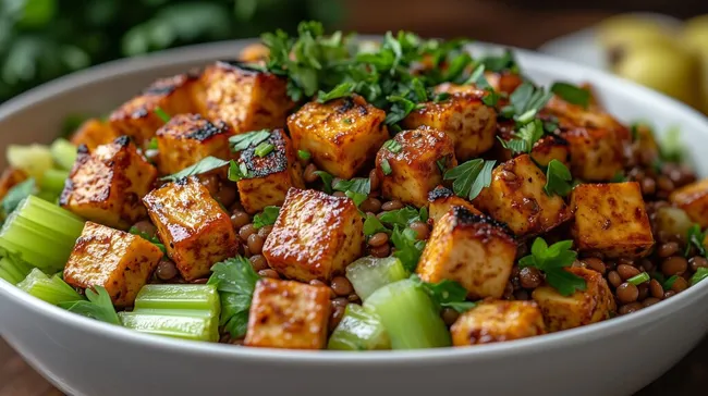 Knuspriger Tofu in würzigem Linsensalat