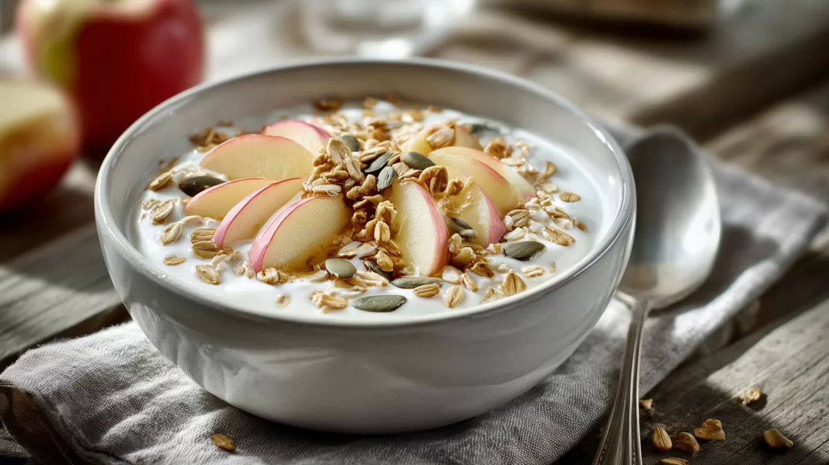 Knuspriges Apfel Joghurt Müsli in weißer Schüssel