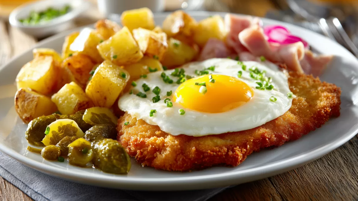 Knuspriges Bauernschnitzel mit Spiegelei & Bratkartoffeln