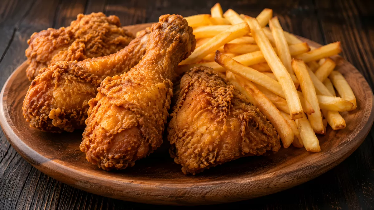 Knuspriges Brathähnchen mit goldenen Pommes frites