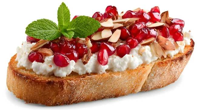Knuspriges Brot mit cremigem Hüttenkäse und Granatapfel