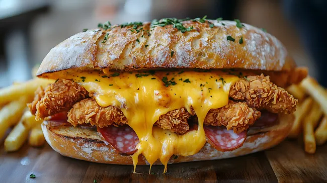 Knuspriges Ciabatta-Sandwich mit knusprigem Hähnchen und geschmolzenem Käse