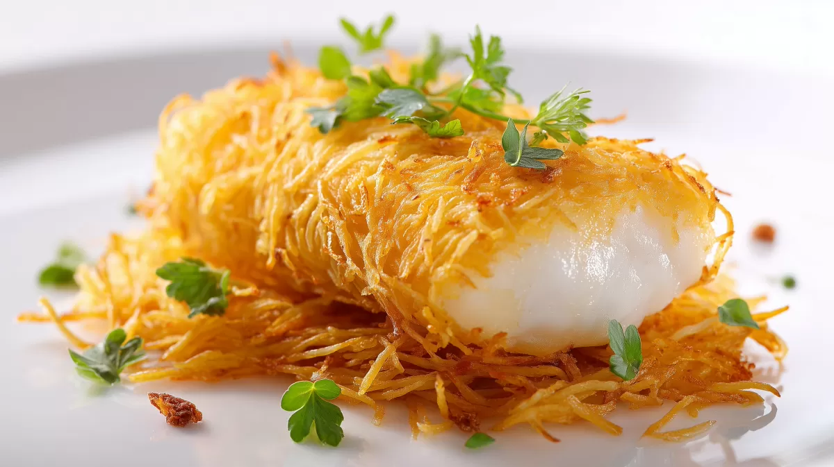 Knuspriges Fischfilet im Kartoffelmantel auf Teller