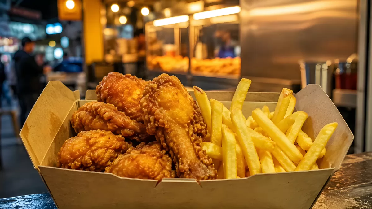 Knuspriges Fried Chicken mit Pommes in Papierbox
