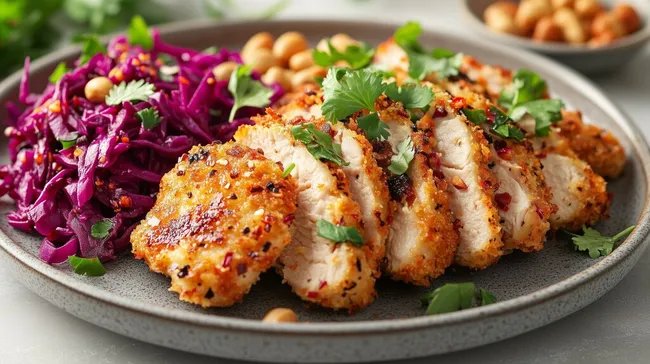 Knuspriges Hähnchen-Panko-Schnitzel mit buntem Rotkohlsalat