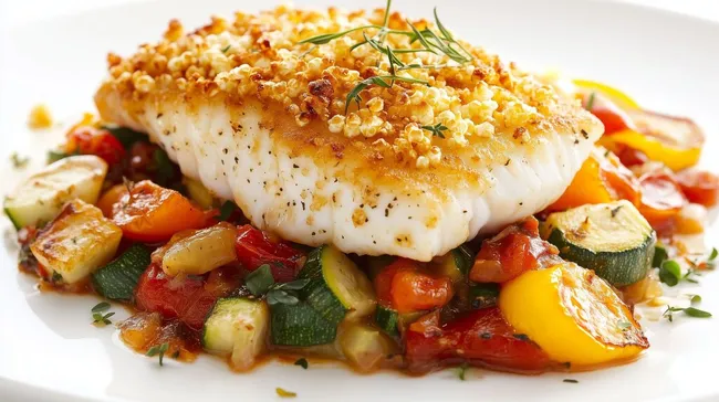 Knuspriges Kabeljau-Filet mit Quinoa-Kruste auf Gemüsebett