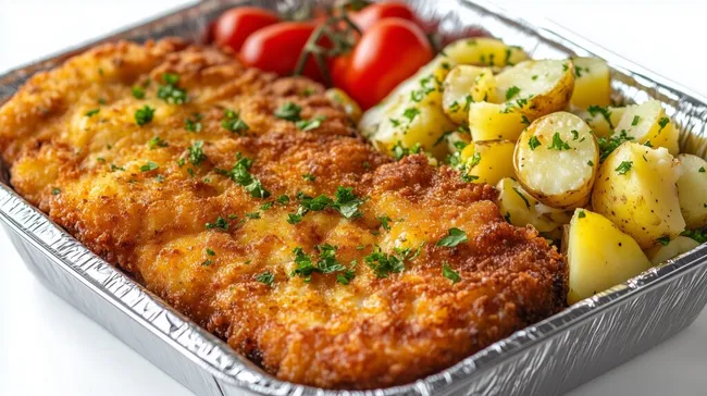 Knuspriges Schnitzel mit Kartoffelsalat in Aluschale
