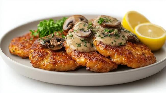 Knuspriges Schnitzel mit Pilzrahmsauce und Zitrone