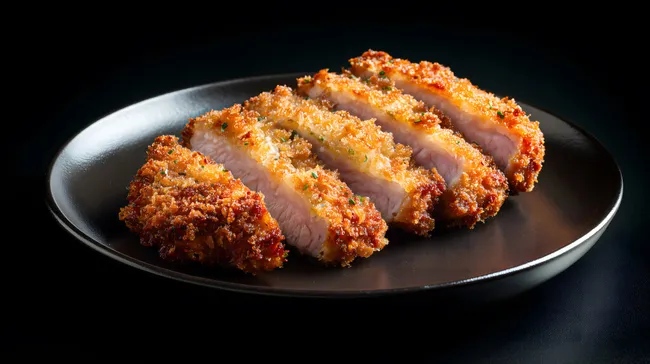 Knuspriges Schweinefilet auf schwarzem Teller