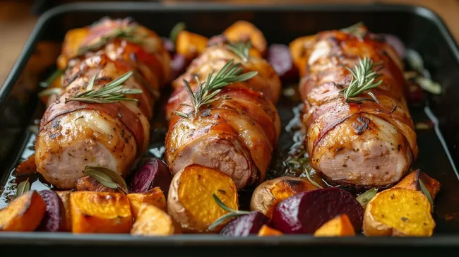 Knuspriges Schweinefleisch im Speckmantel mit geröstetem Gemüse