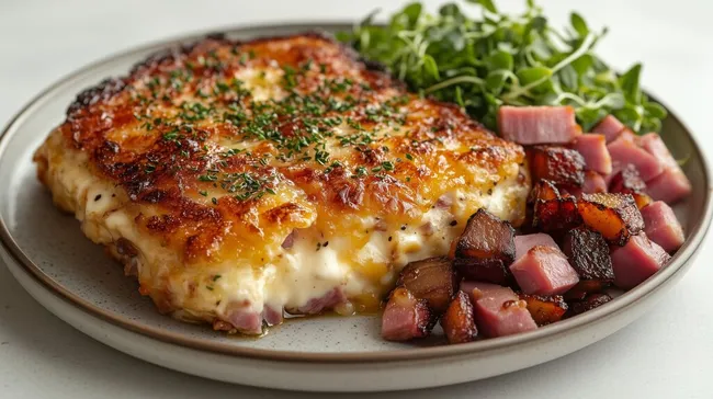 Knuspriges Schweineschnitzel mit Speckwürfeln und Salat