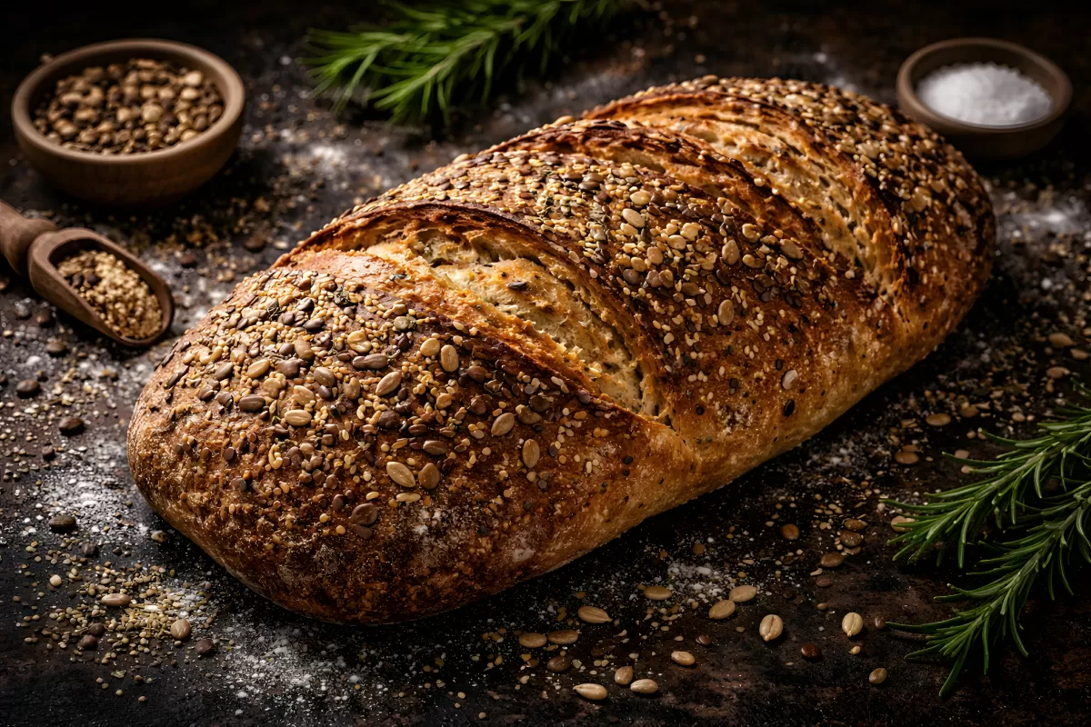 Knuspriges, selbstgebackenes Brot mit Körnern