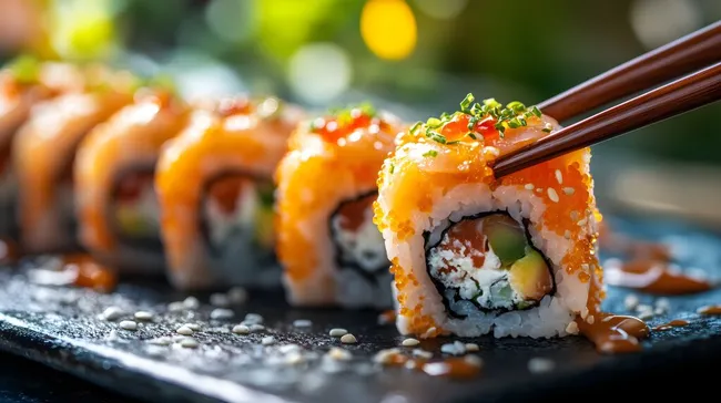 Knuspriges Sushi-Gericht mit Lachs und Avocado