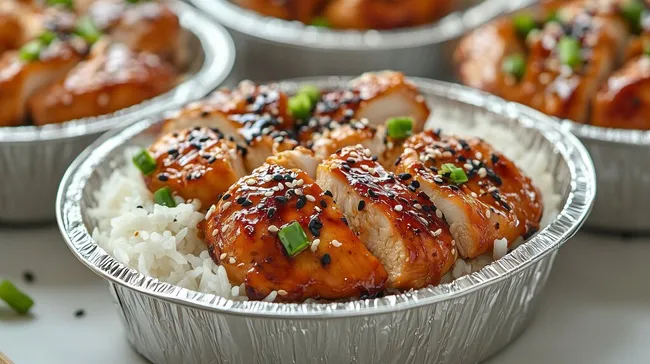 Knuspriges Teriyaki-Hähnchen mit Reis im To-Go-Behälter