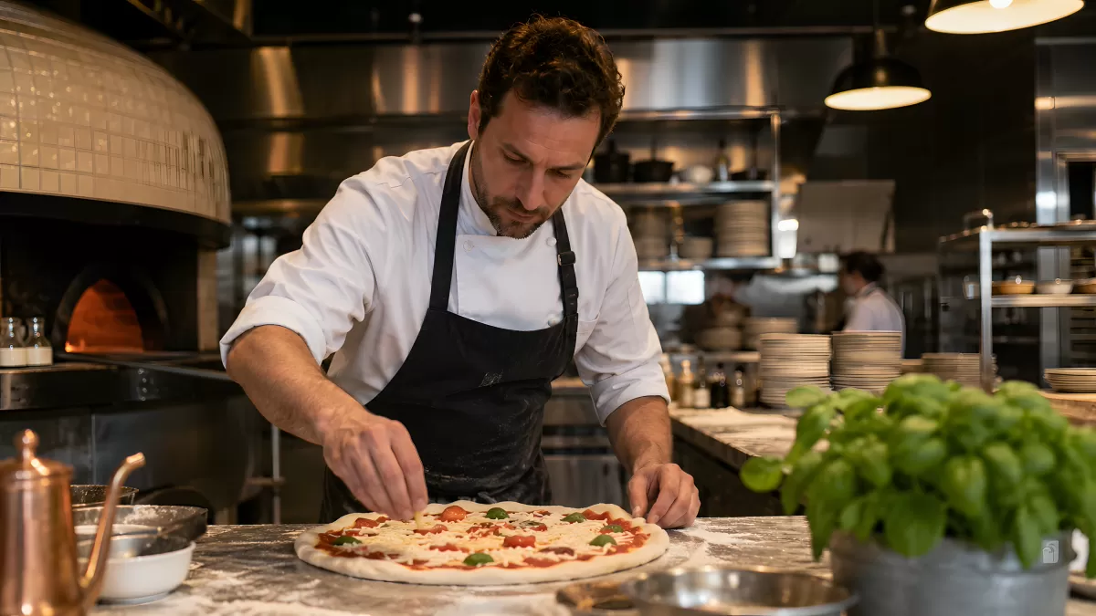 Koch belegt frische Pizza in professioneller Restaurantküche
