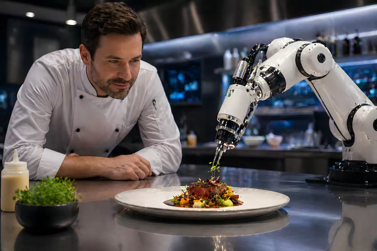 Koch beobachtet Roboterarm beim Anrichten eines Gerichts