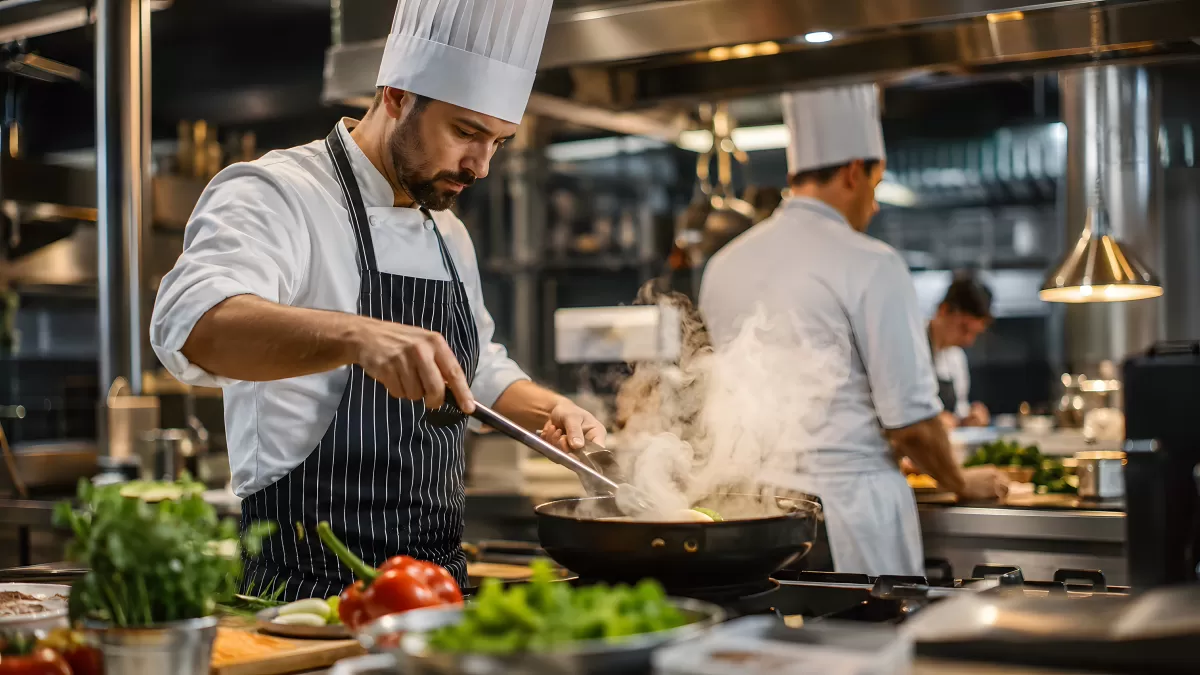 Koch bereitet Gericht in professioneller Restaurantküche zu