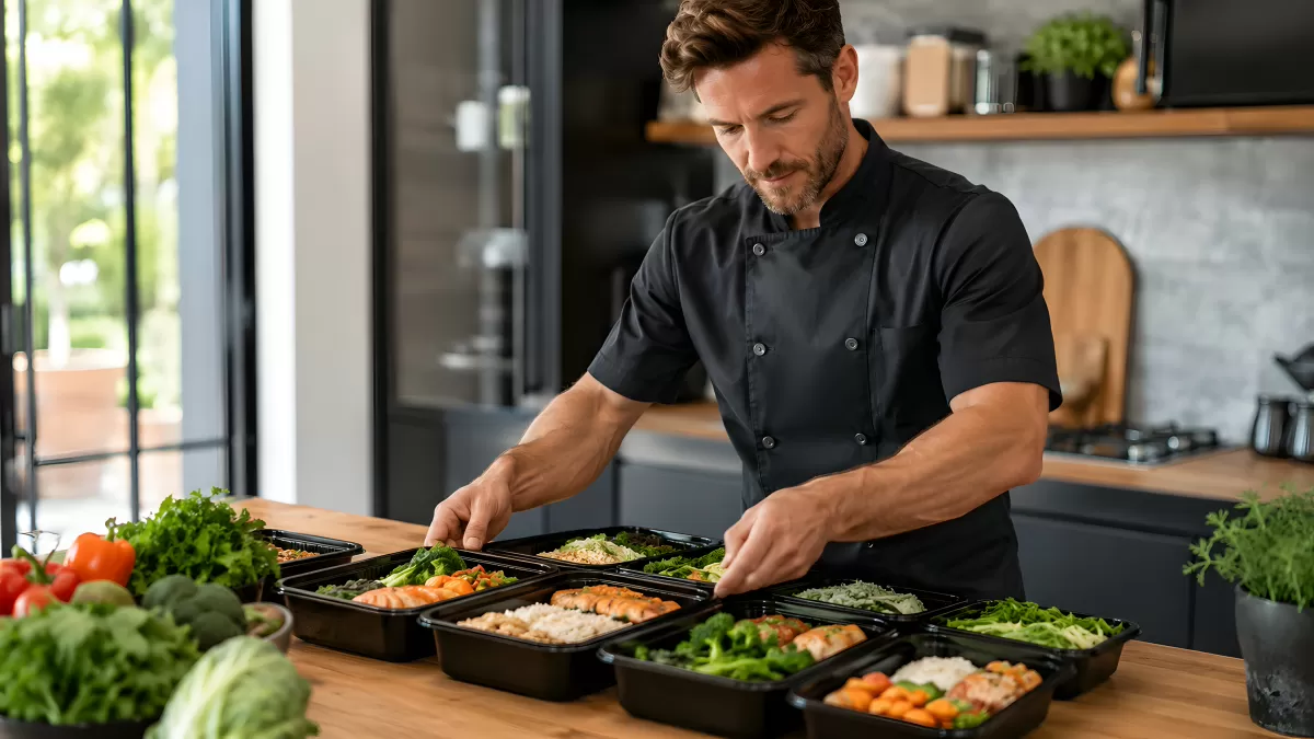 Koch bereitet Meal-Prep-Boxen in moderner Küche vor
