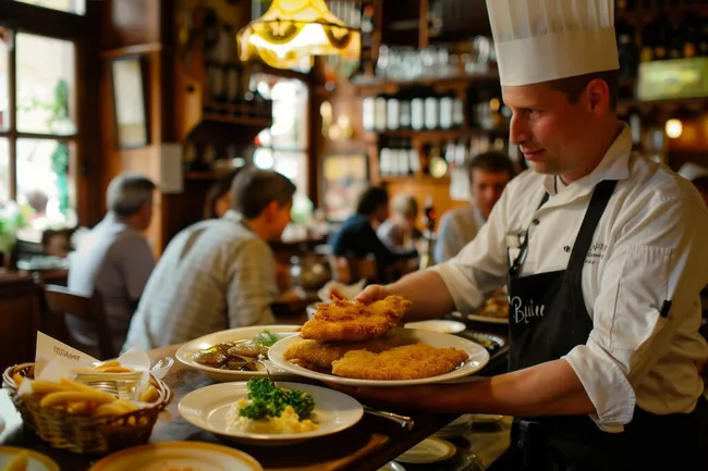 Koch bereitet traditionelles bayerisches Schnitzel zu