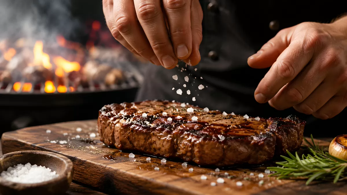 Koch bestreut gegrilltes Steak mit Meersalzflocken