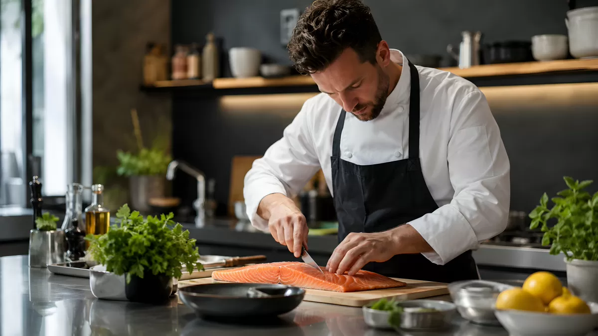 Koch filetiert frischen Lachs in moderner Küche