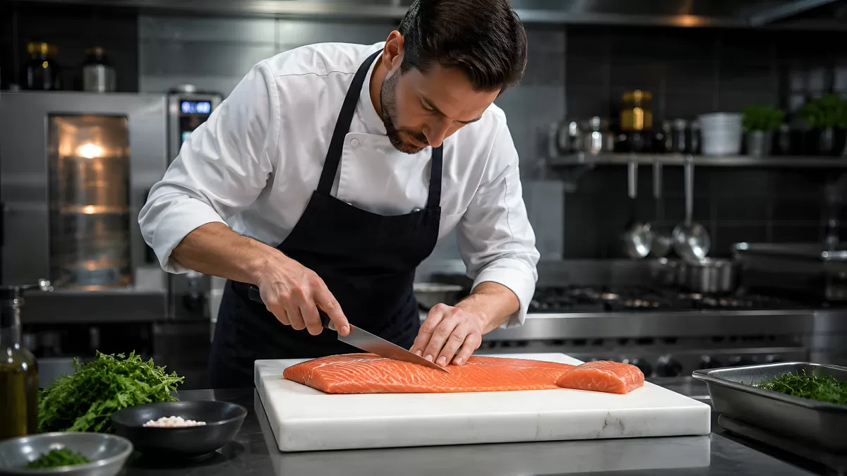 Koch filetiert frischen Lachs in Profiküche