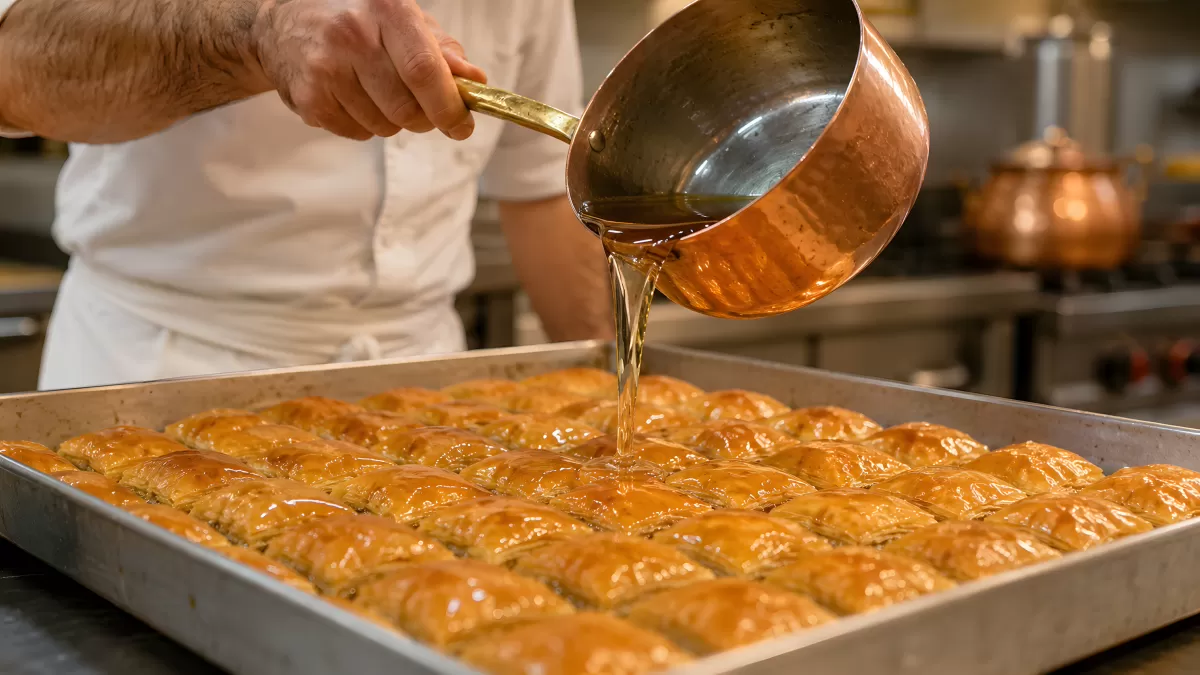 Koch gießt Zuckersirup über frisch gebackenes Baklava