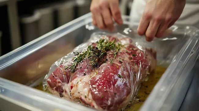 Koch mariniert Schweinebraten in moderner Küche