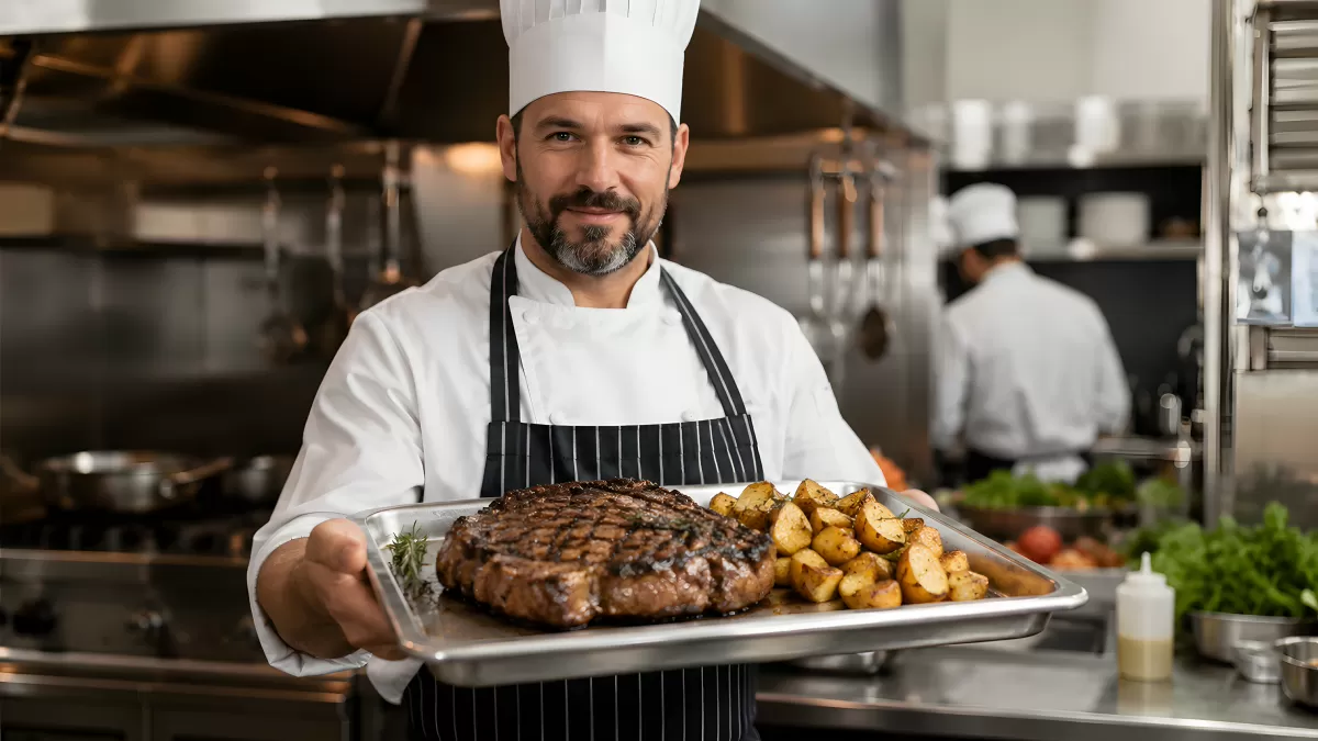 Koch präsentiert gegrilltes Steak mit Bratkartoffeln