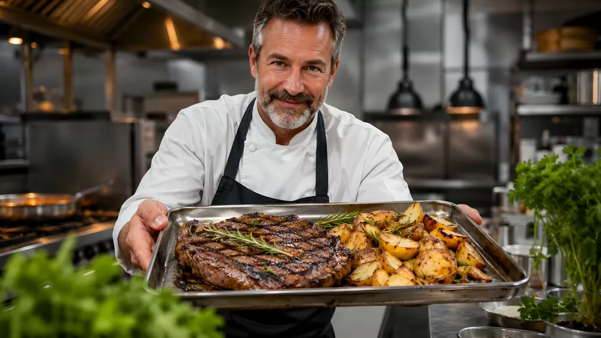 Koch präsentiert gegrilltes Steak mit Rosmarinkartoffeln