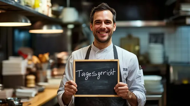 Koch präsentiert Tagesgericht im rustikalen Restaurant