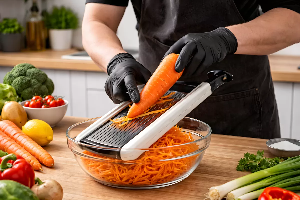 Koch raspelt frische Karotten auf Mandoline in Schüssel