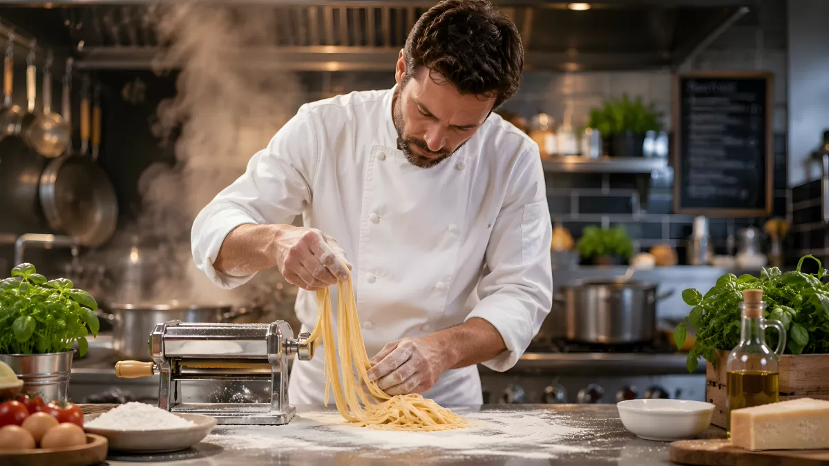 Koch rollt frische Pasta in einer Profiküche