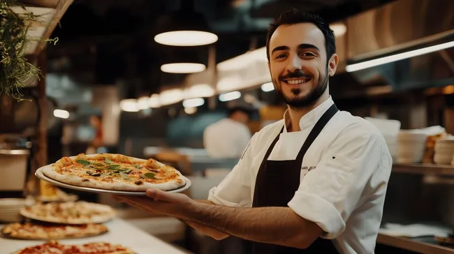 Koch serviert frisch zubereitete Pizza in Restaurantküche