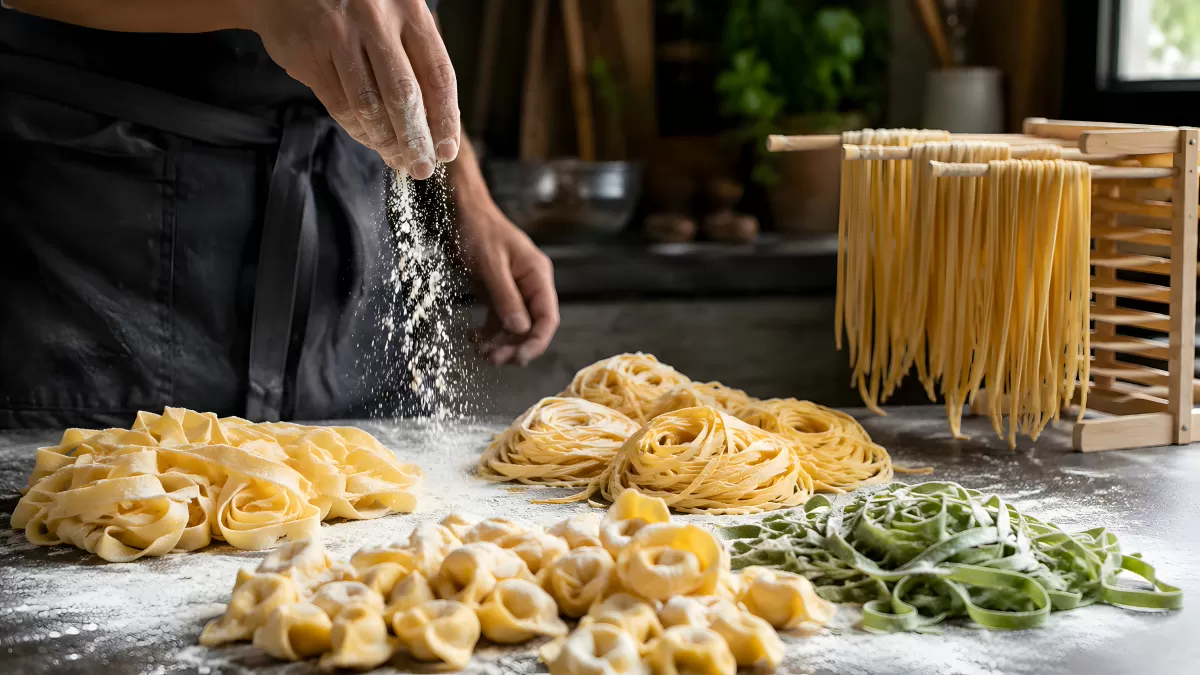 Koch streut Mehl über frische Pasta-Sorten auf Holztisch