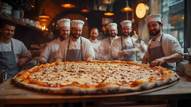 Köche bereiten riesige Tiefkühltauchpizza in Gourmetküche zu