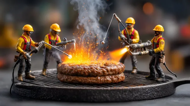 Köche braten leckeren Burger mit Funkenflug