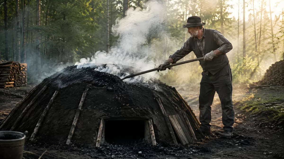 Köhler beim traditionellen Holzkohle brennen im Wald