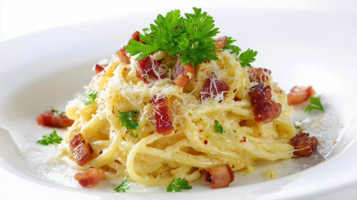 Koelkasts Spaghetti Carbonara mit Speck und Parmesan