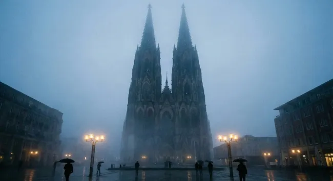 Kölner Dom in Nebel und Regen bei Dämmerung