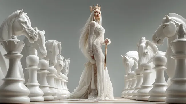 Königin in weißer Rüstung auf Schachbrett-Kulisse