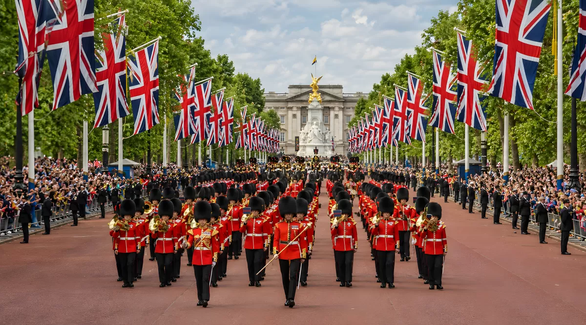 Königliche Gardetruppen marschieren am Buckingham Palast
