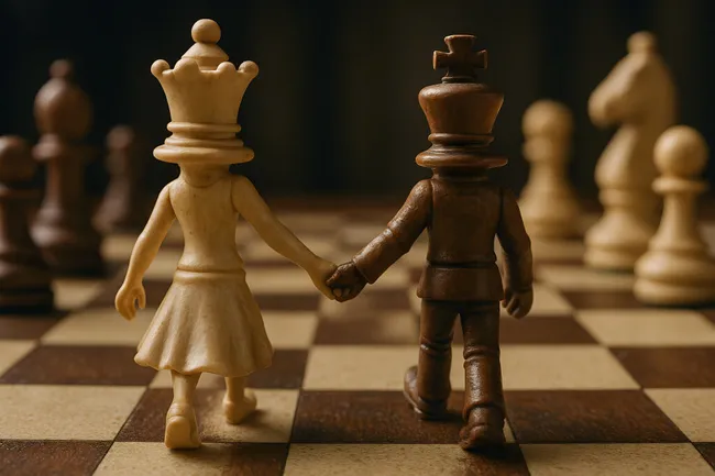 Königliche Partnerschaft: Schachfiguren halten Händchen