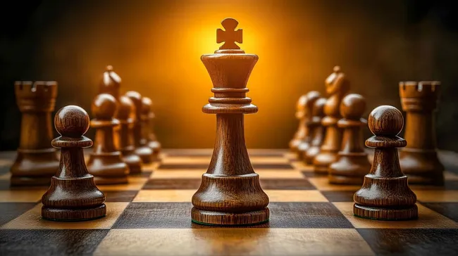 Königliche Schachfiguren auf Holzbrett mit Lichteffekt