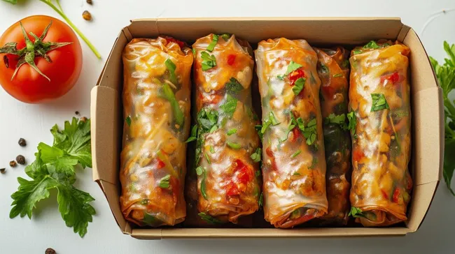 Köstliche asiatische Frühlingsrollen in Papierbox