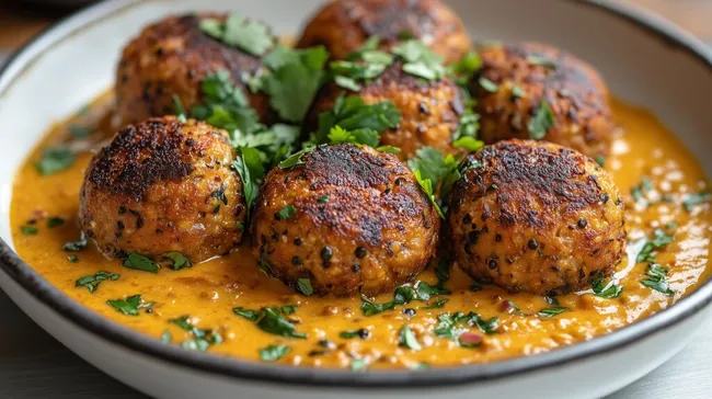Köstliche Auberginenbällchen in cremiger Currysauce