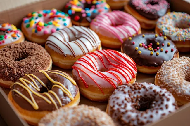Köstliche Auswahl an bunten Donuts mit Glasur und Streuseln