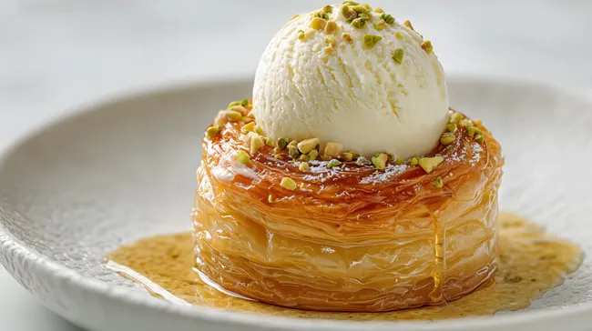 Köstliche Baklava mit Vanilleeis und Pistazien