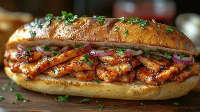 Köstliche Bifana-Sandwich mit Zwiebeln und Kräutern